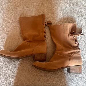 UGG Tan Heeled Boots with Slouchy Back Bow Tie Design Size 9 Wood Heel Mid-calf